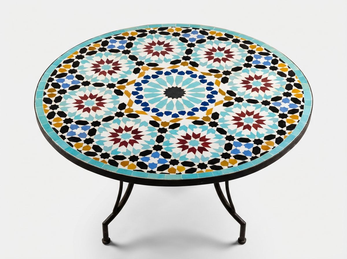 The Fez Starburst: Turquoise & Burgundy Zellige Mosaic Tabletop view 3