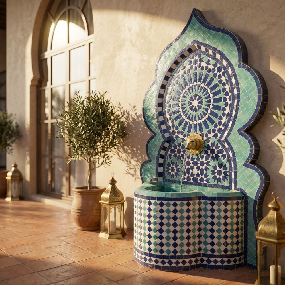 The Andalusian Azure Zellige Fountain with Lion Spout