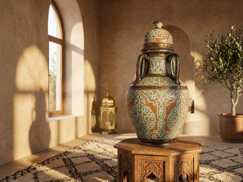 The Andalusian Azure: Hand-Chased Metal & Ceramic Lidded Urn detail