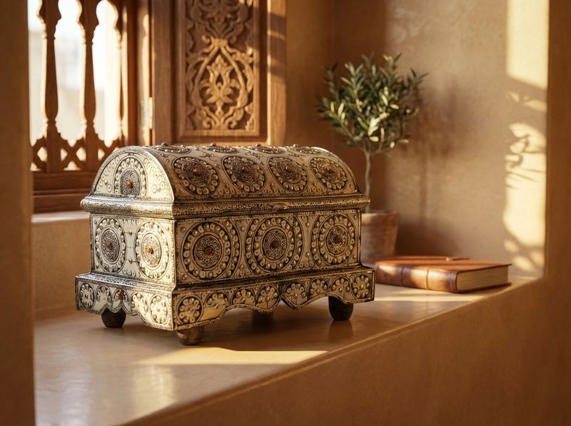 The Marrakech Royal Camel Bone & Silver Inlay Chest detail