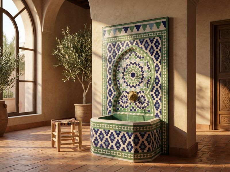 The Chefchaouen Oasis: Blue & Green Zellige Mosaic Fountain detail