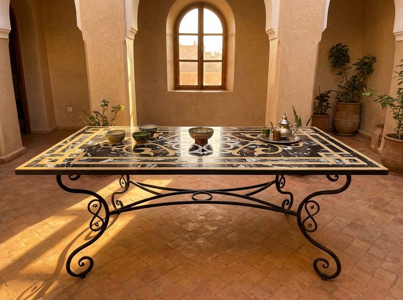 The Sultan's Arabesque: Black & Gold Marble Inlay Tabletop detail