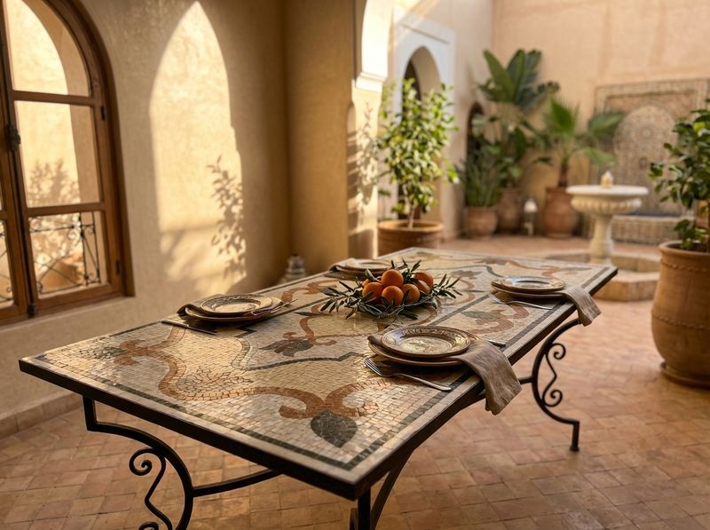 The Andalusian Terra Scroll Mosaic Dining Table detail