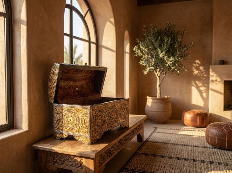 The Essaouira Royal Camel Bone Inlay Treasure Chest detail