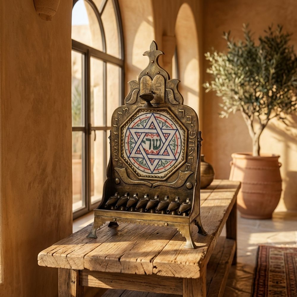 Moroccan Brass & Ceramic 'Star of David' Hanukkah Menorah