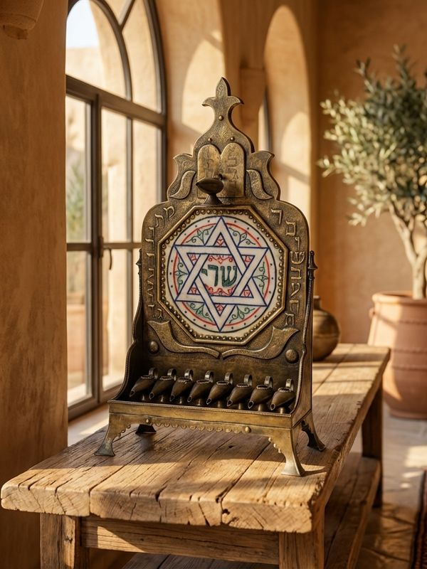 Moroccan Brass & Ceramic 'Star of David' Hanukkah Menorah