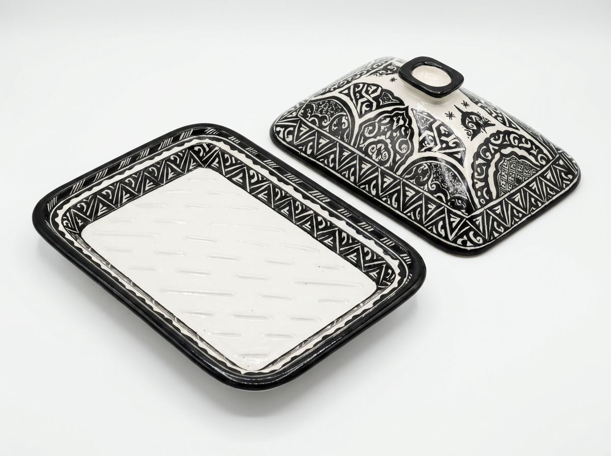 "Moroccan Noir" Geometric Ceramic Butter Dish view 2