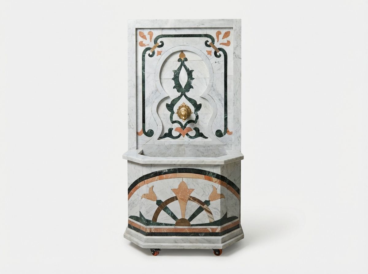 The Andalusian Oasis: Hand-Carved Marble Wall Fountain with Brass Lion Spout view 2