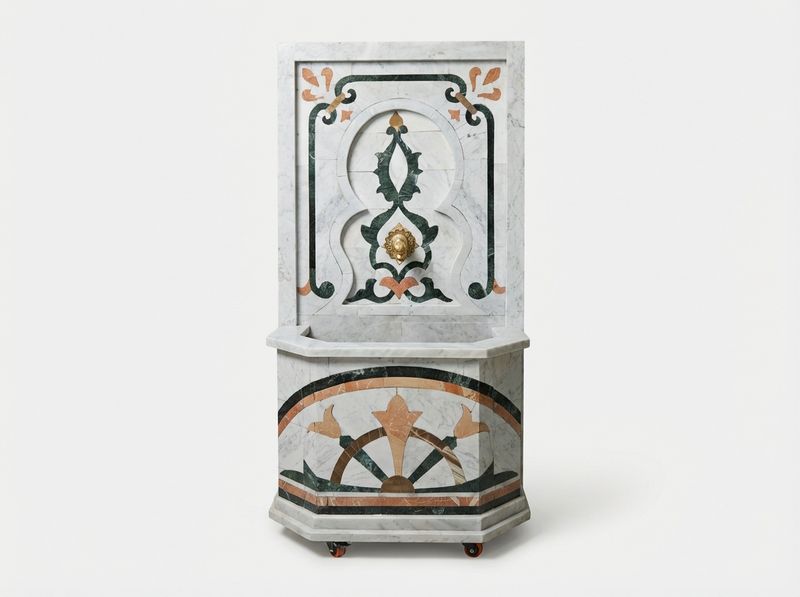 The Andalusian Oasis: Hand-Carved Marble Wall Fountain with Brass Lion Spout