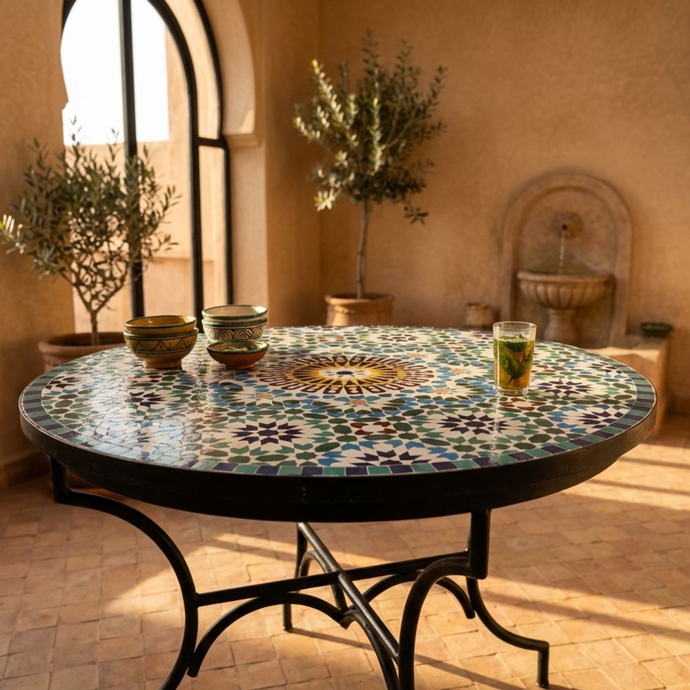 Zellige Soleil: The Fes Blue & Gold Mosaic Table
