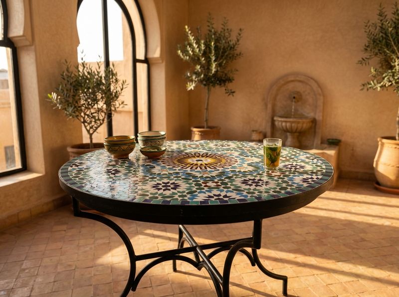 Zellige Soleil: The Fes Blue & Gold Mosaic Table detail