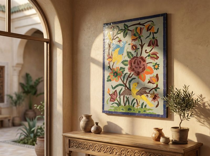 The Andalusian Garden: Zellige Bird & Floral Mosaic Panel detail