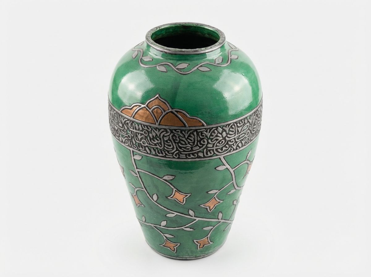 Emerald Oasis: Handcrafted Moroccan Silver-Overlay Vase view 3