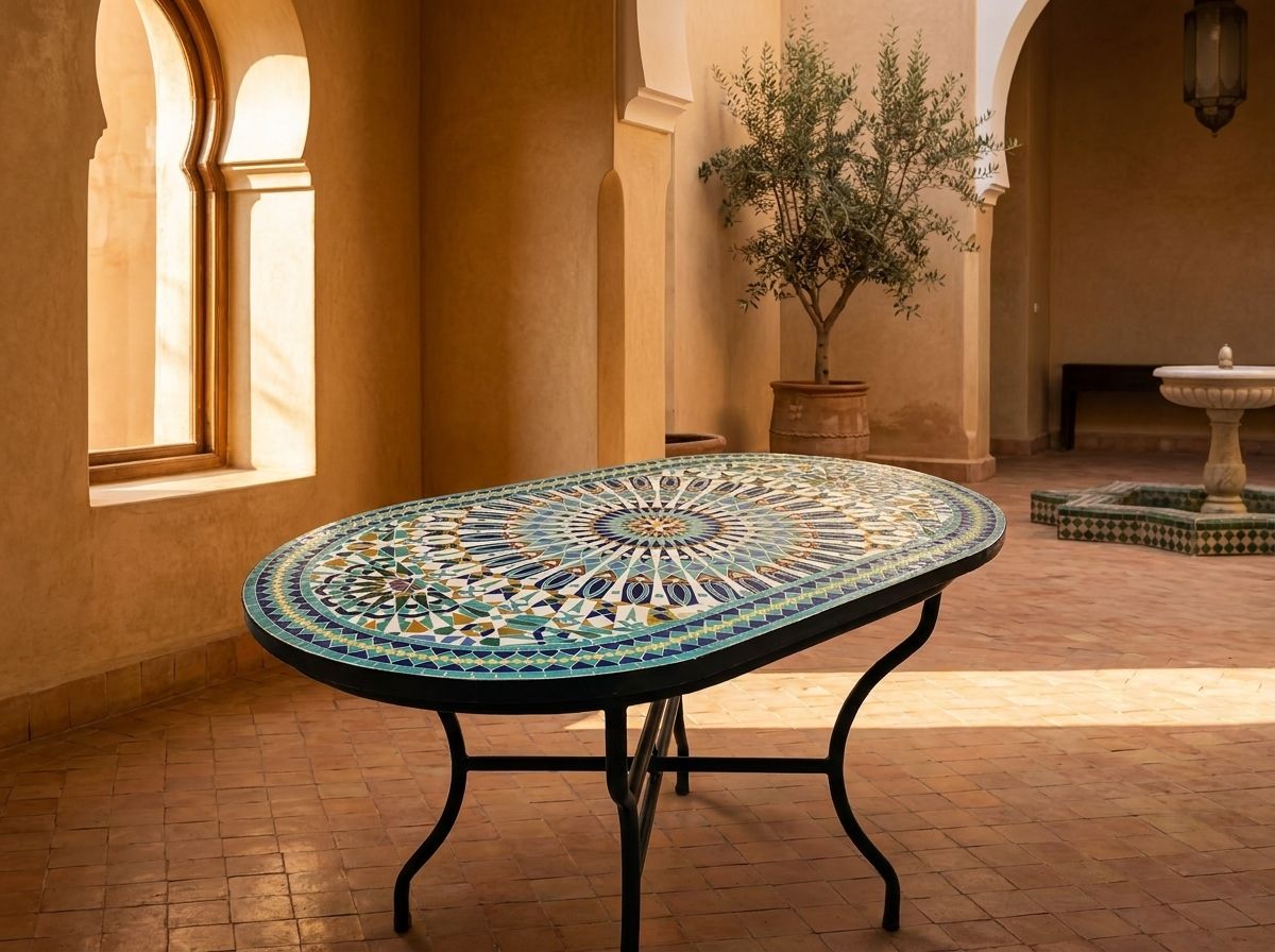 The 'Azrou' Oval Zellige Mosaic Table - Radiant Blue Star view 3