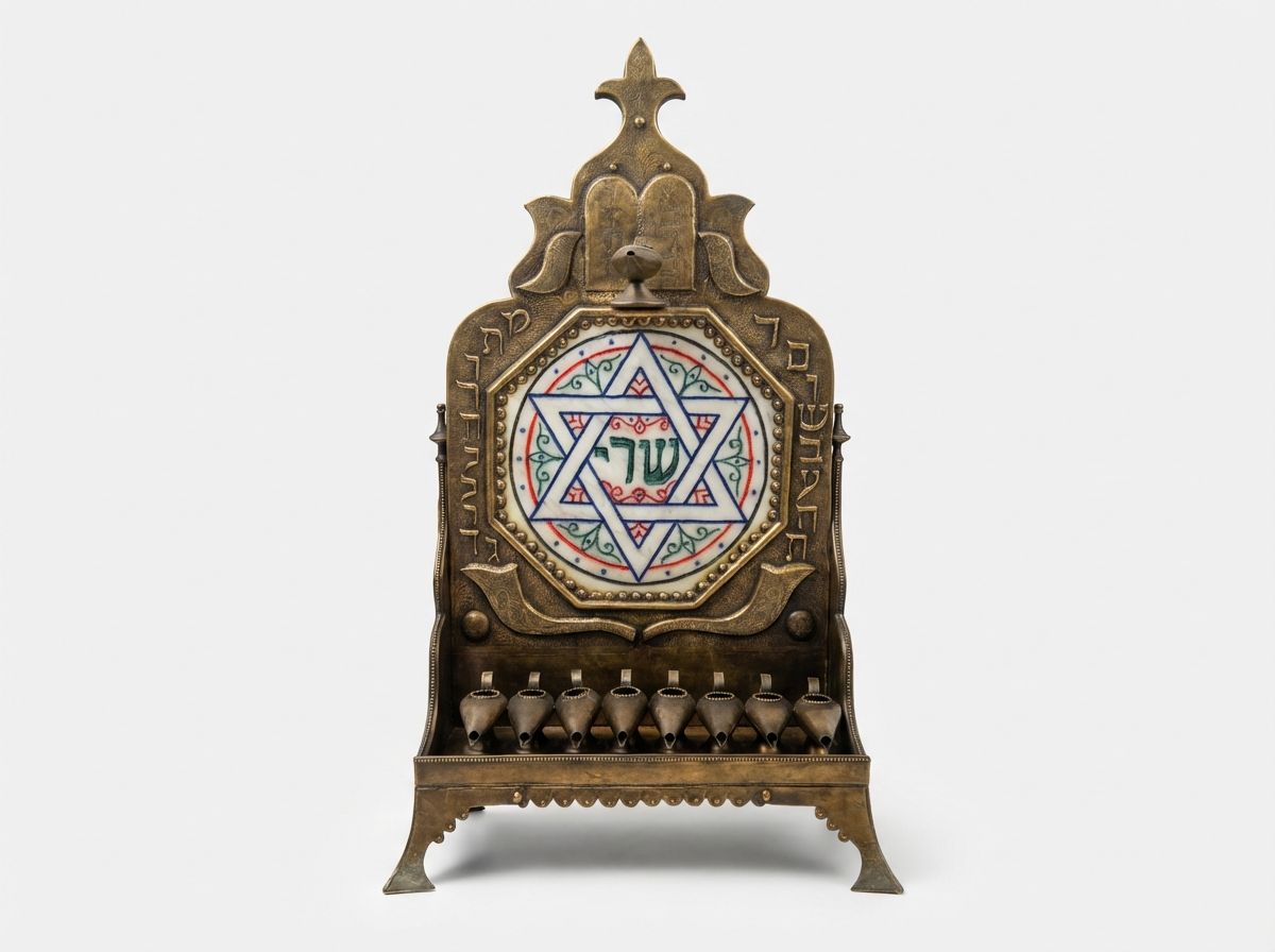 Moroccan Brass & Ceramic 'Star of David' Hanukkah Menorah view 2