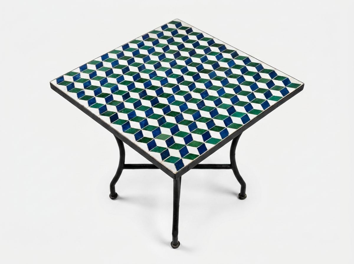 The Chefchaouen Cube: Geometric Zellige Mosaic Side Table view 2
