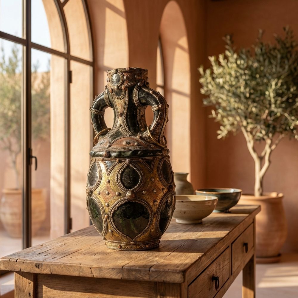 "The Andalusian Night" - Moroccan Brass & Copper Overlay Amphora