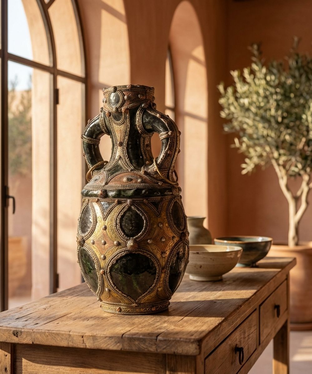 "The Andalusian Night" - Moroccan Brass & Copper Overlay Amphora