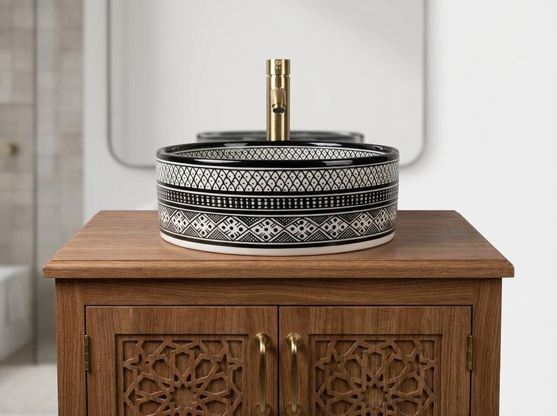 Fes Noir & Blanc Hand-Painted Ceramic Vessel Sink