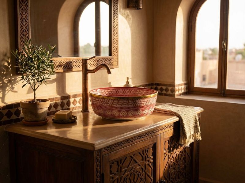 The 'Amira' Rouge & Gold Ceramic Vessel Sink detail