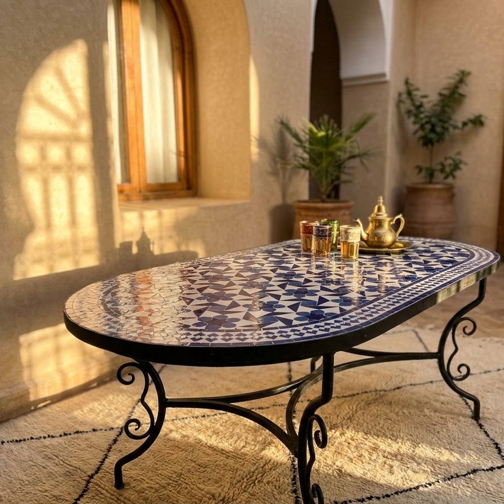 "Azure Oasis" Moroccan Zellige Oval Dining Table