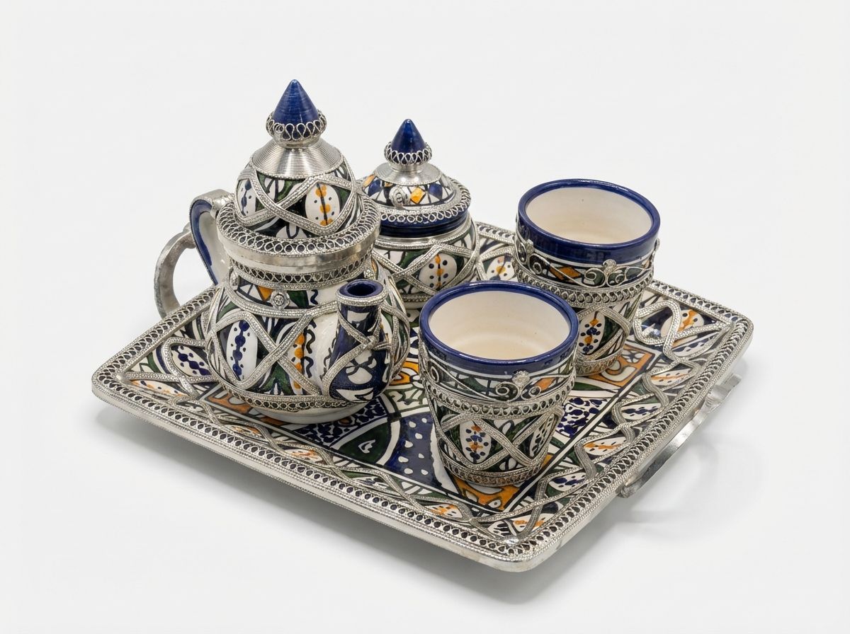 The Fes Filigree: Ceramic & Silver Moroccan Tea Service view 3