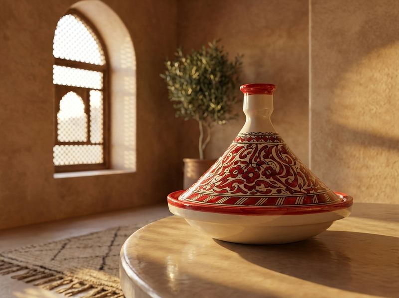 Fes Crimson Arabesque Ceramic Tagine detail