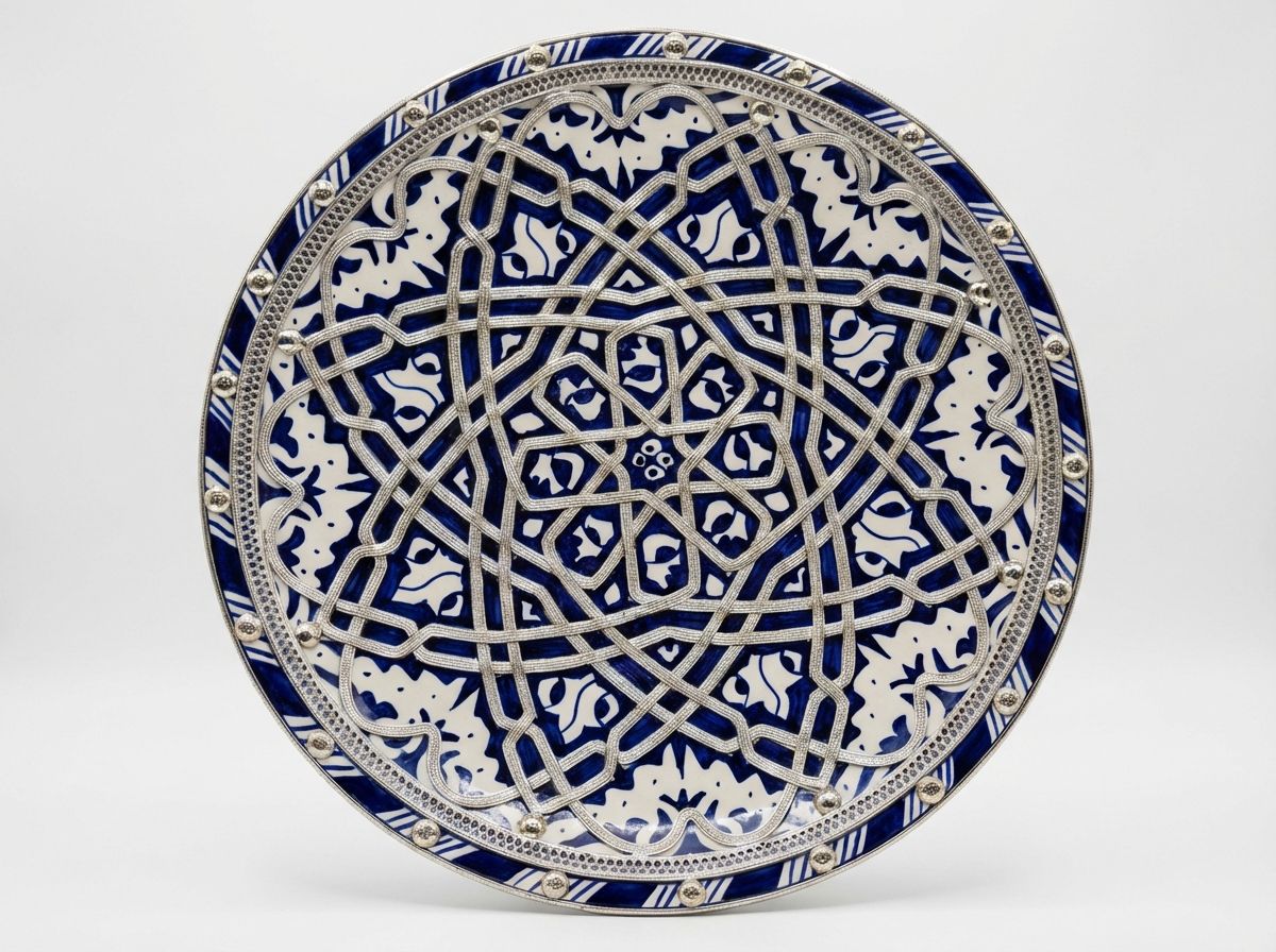 The Azure Star of Fes: Ceramic & Silver Filigree Platter view 2