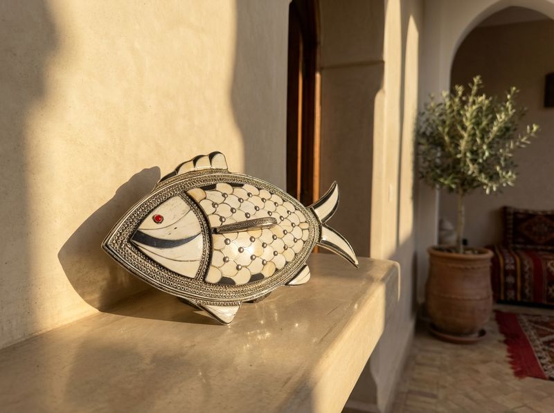 The Essaouira Silver & Bone Inlay Fish Box detail