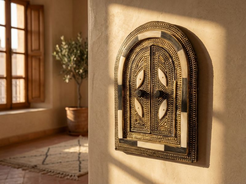 The Riad's Secret: Brass & Bone Inlay Archway Mirror detail