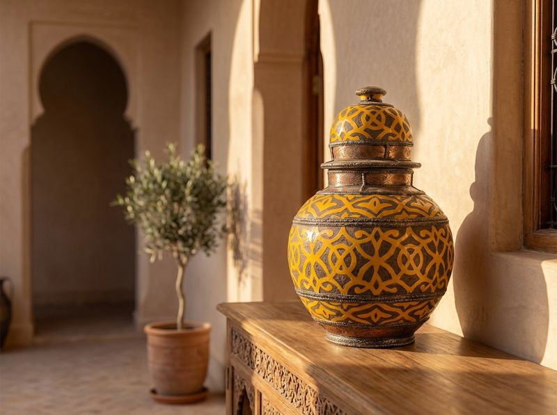 The Ambar Lattice & Engraved Copper Urn detail
