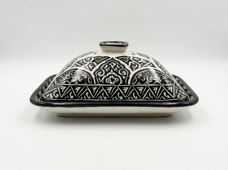 "Moroccan Noir" Geometric Ceramic Butter Dish