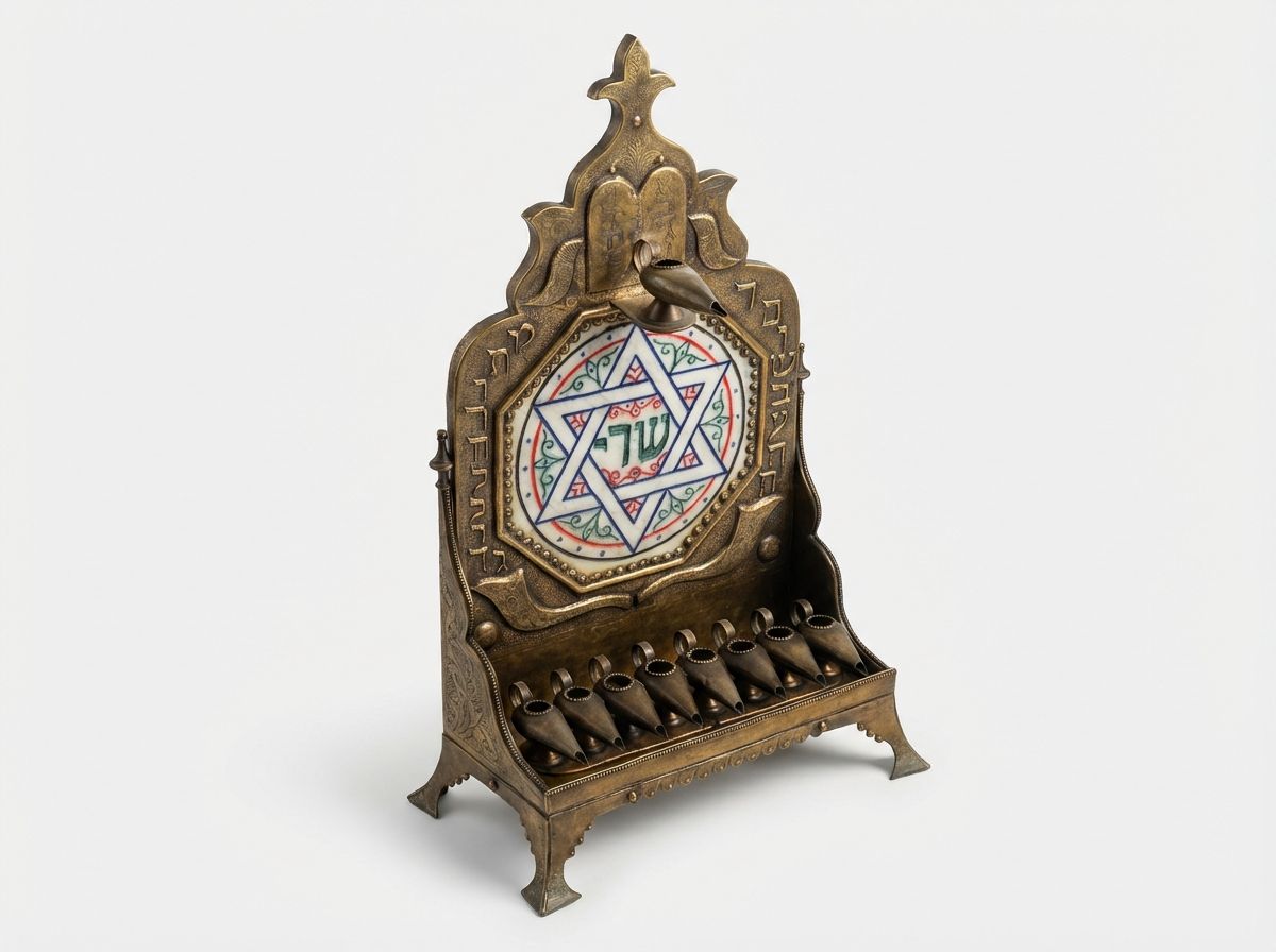 Moroccan Brass & Ceramic 'Star of David' Hanukkah Menorah view 3