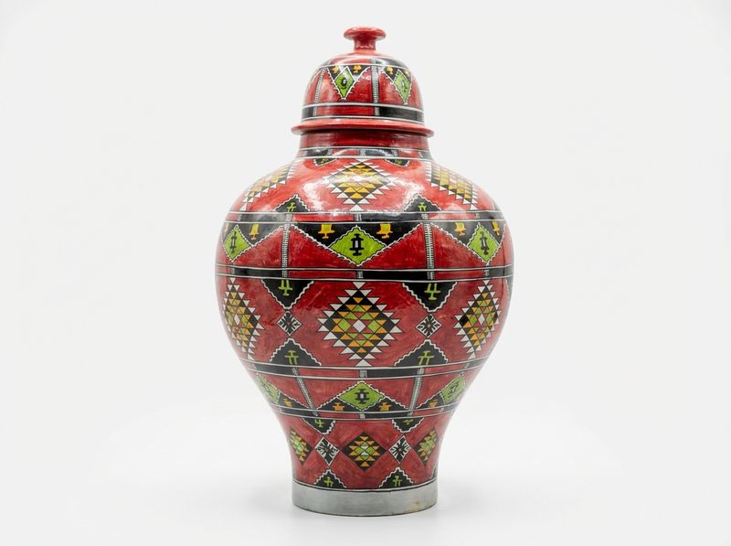 The Crimson Atlas: Large Berber Geometric Lidded Jar