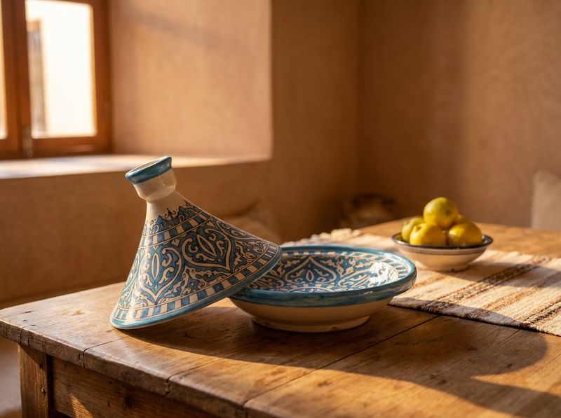 The Azure Fez: Hand-Painted Ceramic Serving Tagine detail