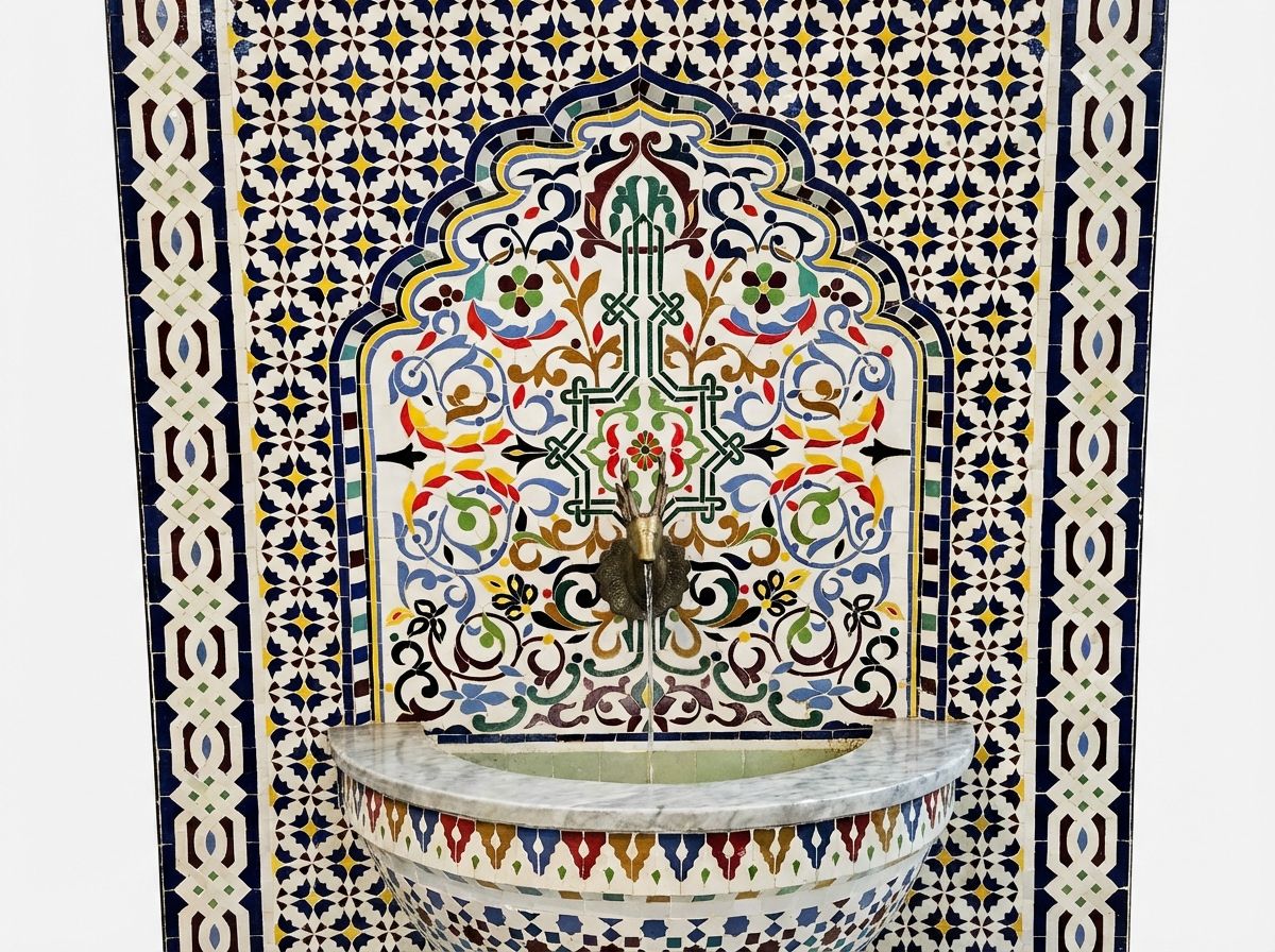 The Royal Andalusian Zellige Fountain with Brass Stag view 2