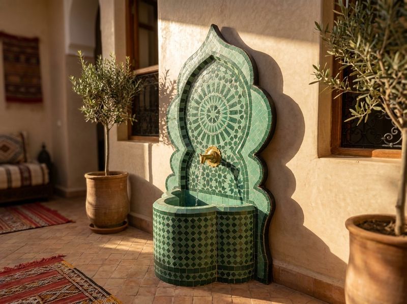 The Emerald Riad Zellige Fountain detail