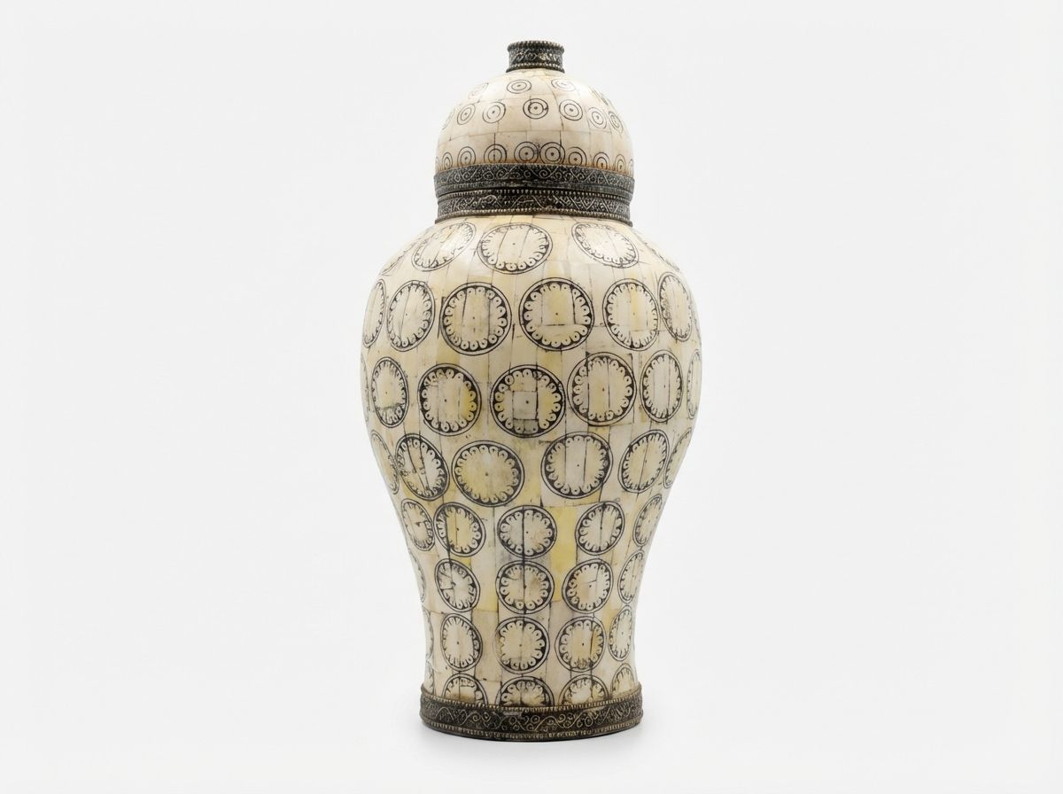 Sahara Noir: Handcrafted Moroccan Camel Bone Inlay Vase with Engraved Tribal Motifs view 2