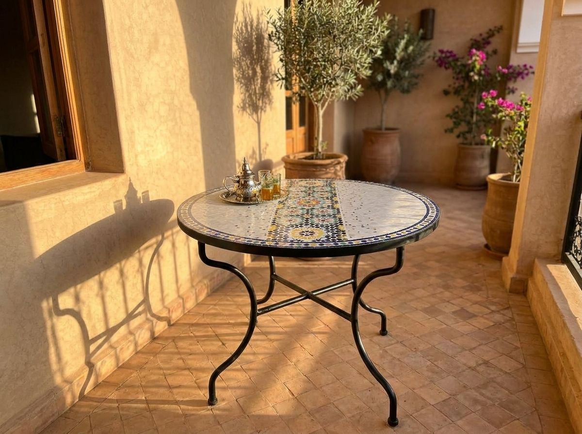 The Zahra Zellige Table - White Field with Geometric Runner view 3