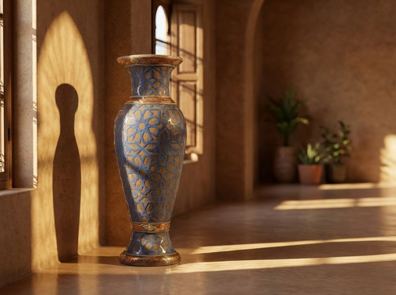Majestic Fes Cobalt & Brass Geometric Floor Vase detail