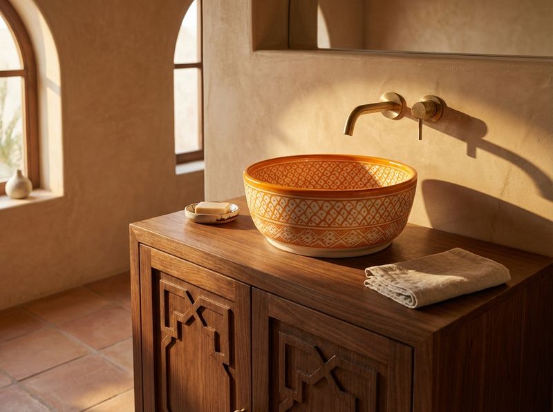 Safi Sunburst Hand-Painted Ceramic Vessel Sink - Orange & White detail