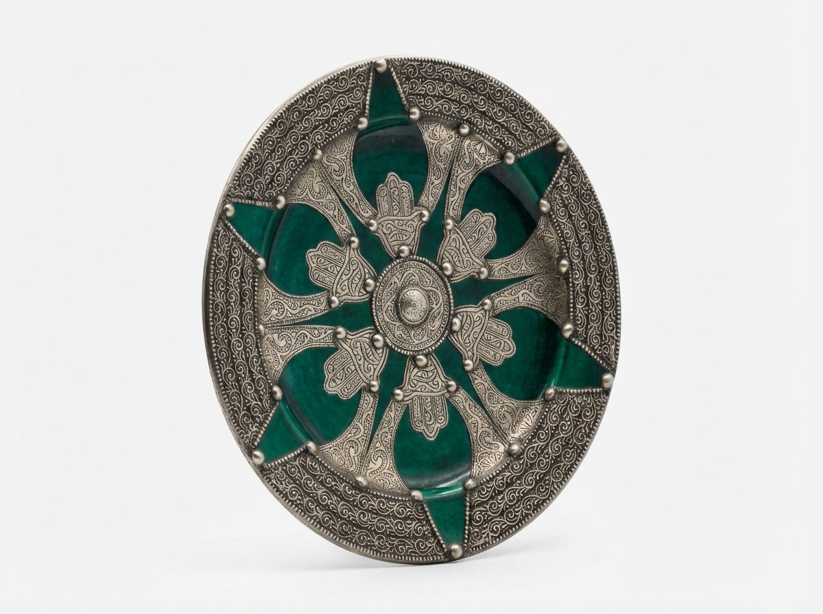 The Emerald Khamsa: Silver-Adorned Ceramic Plate view 3