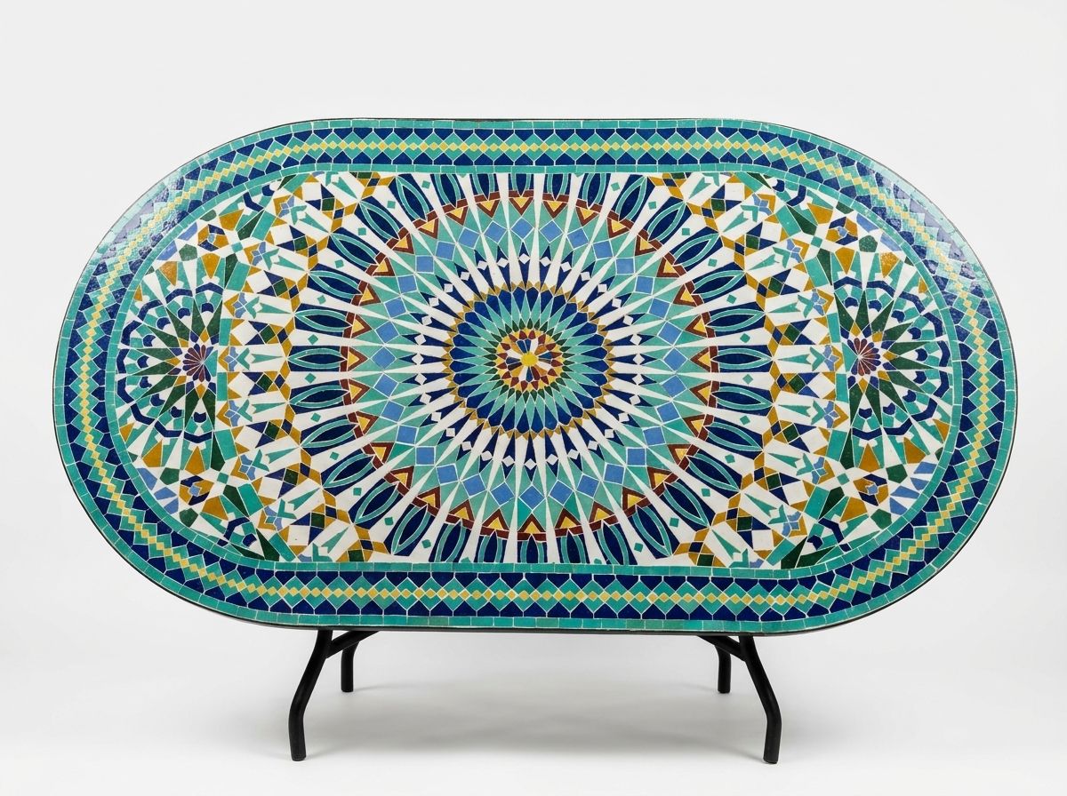 The 'Azrou' Oval Zellige Mosaic Table - Radiant Blue Star main view