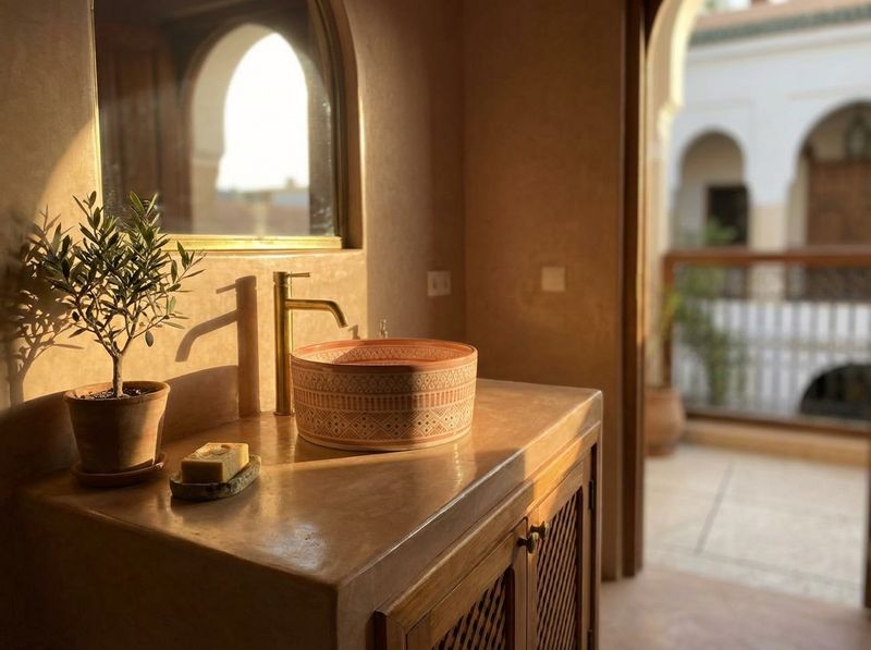 Sahara Sunrise: Hand-Painted Natural Clay Geometric Vessel Sink detail