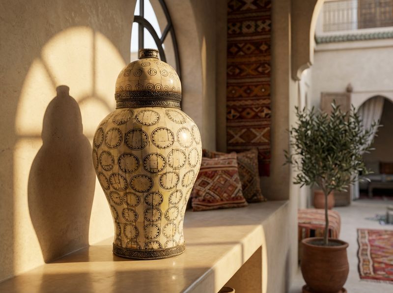 Sahara Noir: Handcrafted Moroccan Camel Bone Inlay Vase with Engraved Tribal Motifs detail