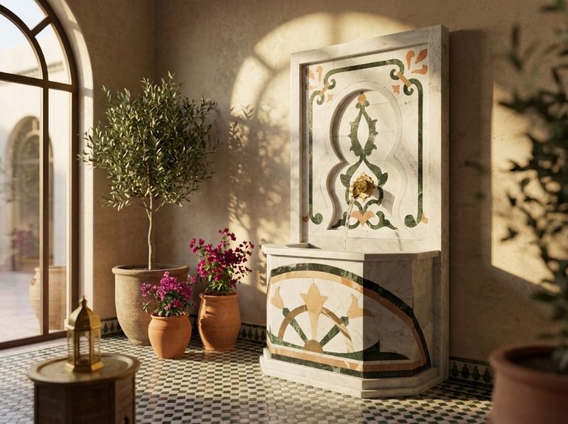 The Andalusian Oasis: Hand-Carved Marble Wall Fountain with Brass Lion Spout detail