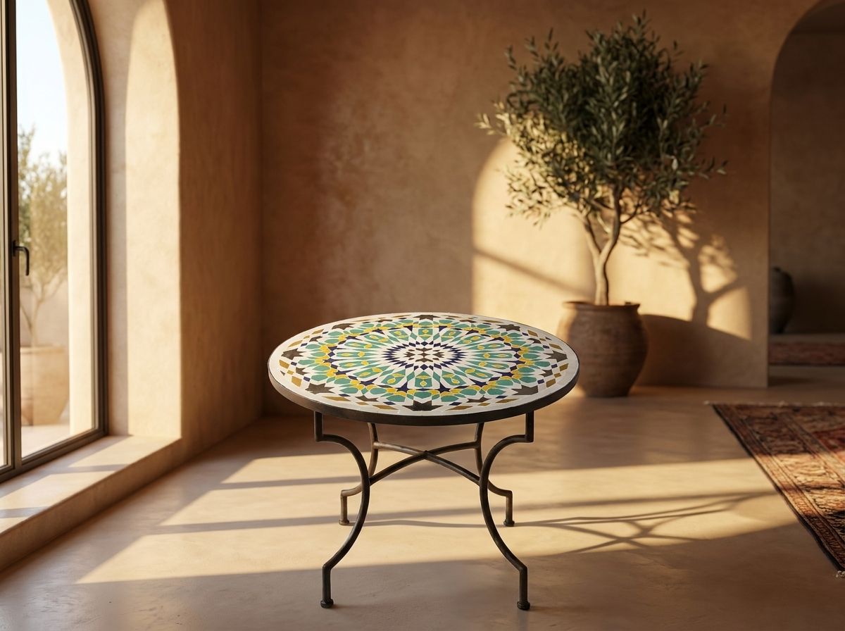 The 'Zahra' Turquoise & Ochre Radiance Zellige Table Top view 3