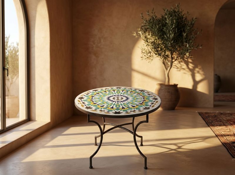 The 'Zahra' Turquoise & Ochre Radiance Zellige Table Top detail