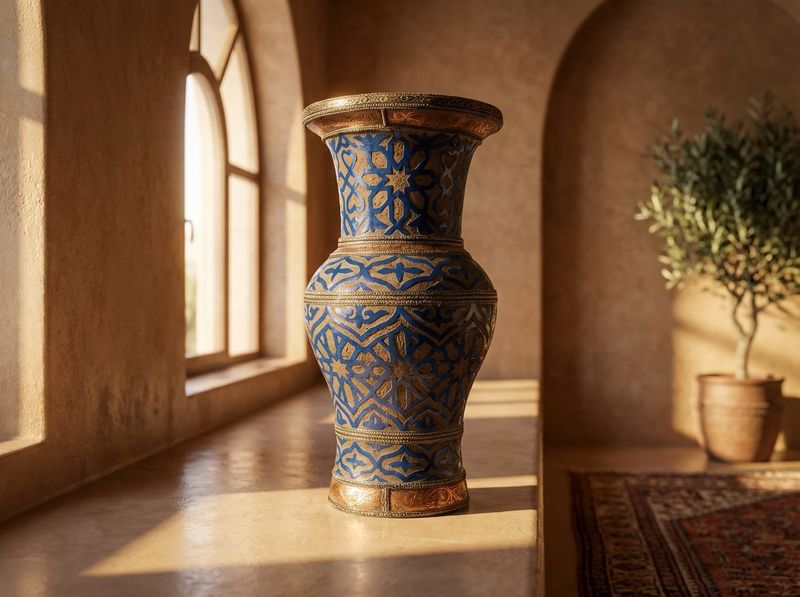 The Fez Royal Cobalt & Bronze Filigree Urn detail