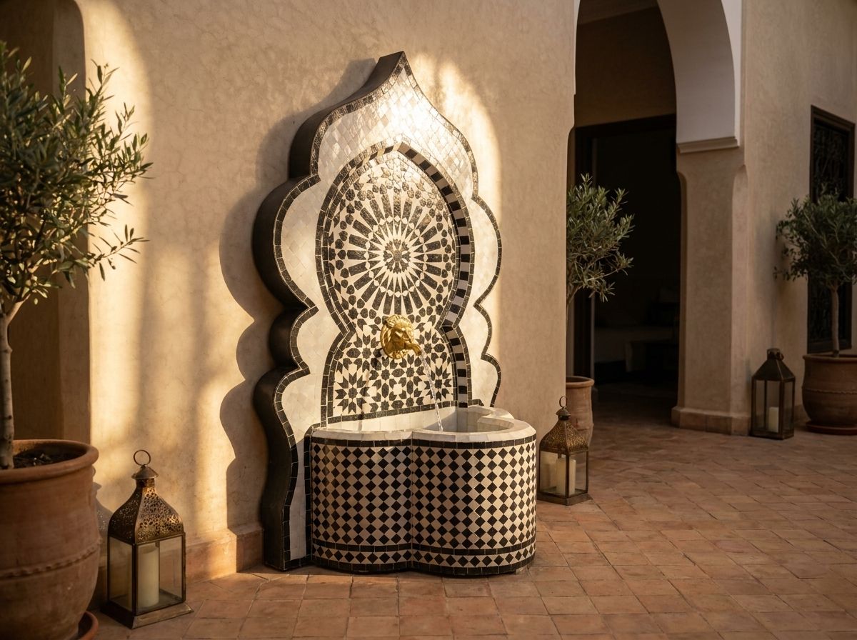 The Marrakech Monochrome: Zellige Wall Fountain view 3